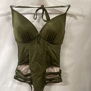 Shade & Shore Swimsuit Women's 32D Green One Piece Bathing Suit Open Cut Out